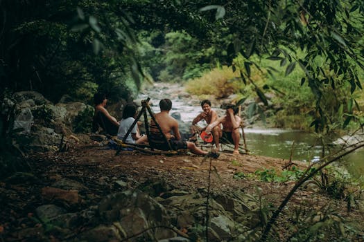 excited group of friends hiking in nature