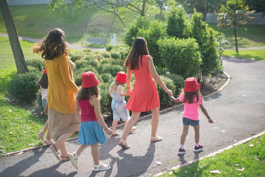 family exploring a park