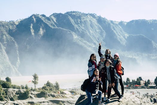 a happy group hiking in nature